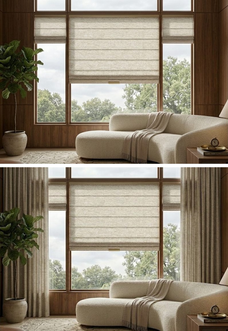 The same sitting room shown twice: first with linen Roman shades alone, then layered with floor-length drapery