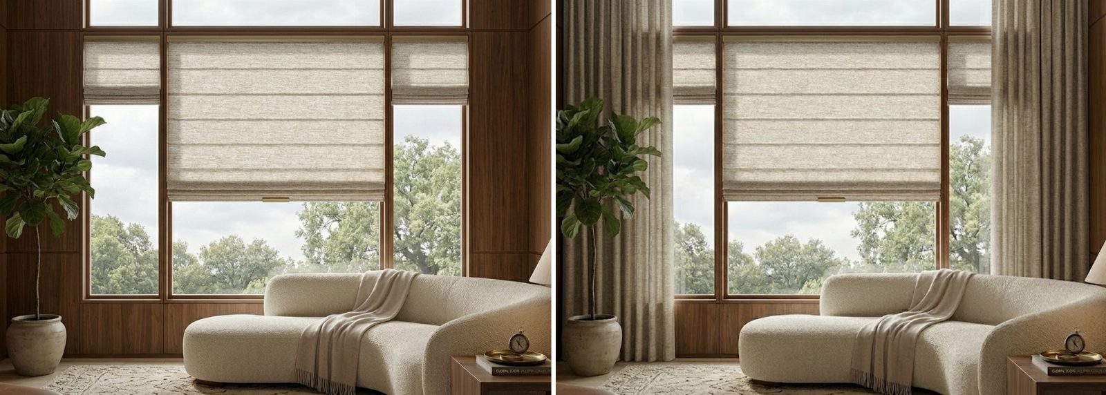 The same sitting room shown twice: linen Roman shades alone on the left, layered with floor-length drapery on the right