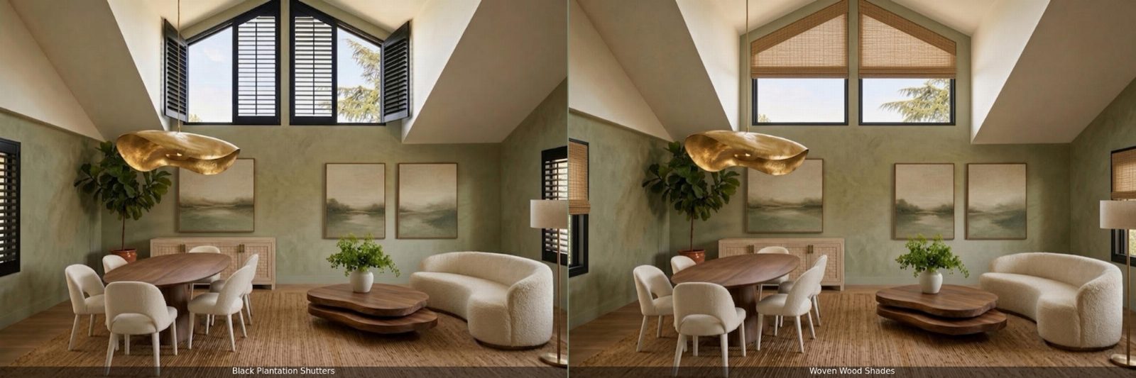 The same living room shown twice: black plantation shutters on the left, woven wood shades on the right
