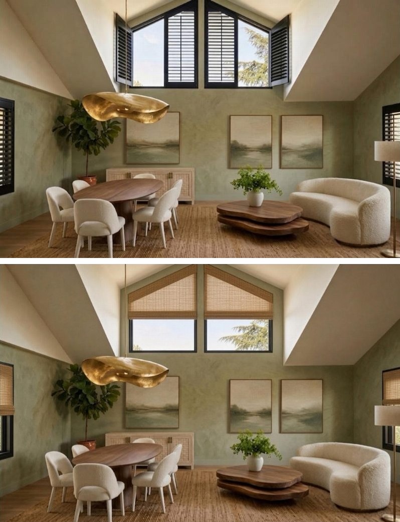 The same living room shown twice: first with black plantation shutters, then with woven wood shades