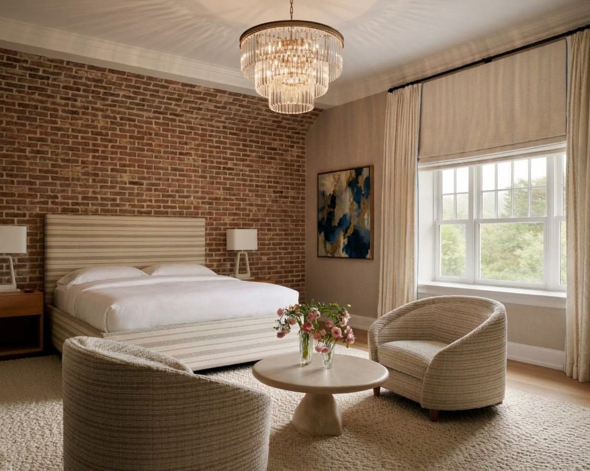 Concept 04 · The Brick Accent Bedroom — Layered Treatment